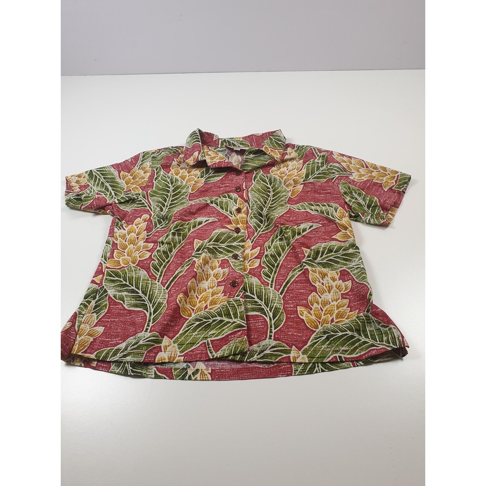 Trader Joes X Hilo Hattie Shirt Women's XL Red Hawaiian Aloha Floral Made Hawaii